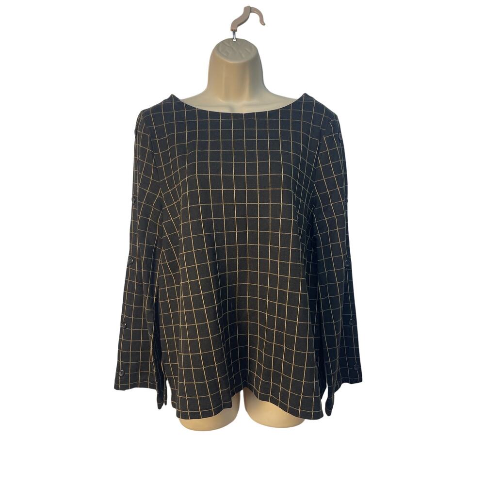 J.Jill‎ Pinter Women's Boat Neck Long Sleeve Checkered Top Size L